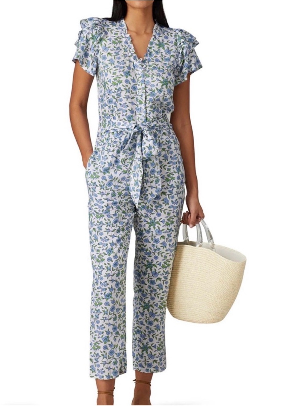Size Small Banjanan Blue and Green Floral Tie-Waist Jumpsuit
